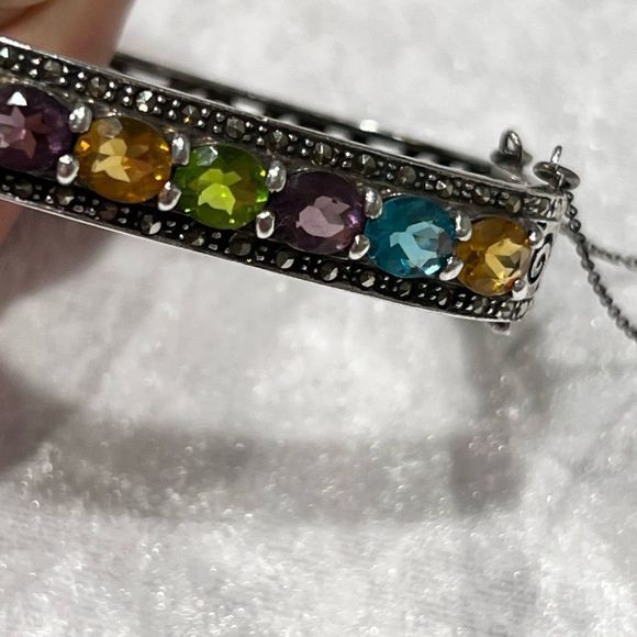 Gorgeous Vintage Sterling Silver Gemstone Bracelet Heavy Weight Safety Chain - Picture 1 of 16